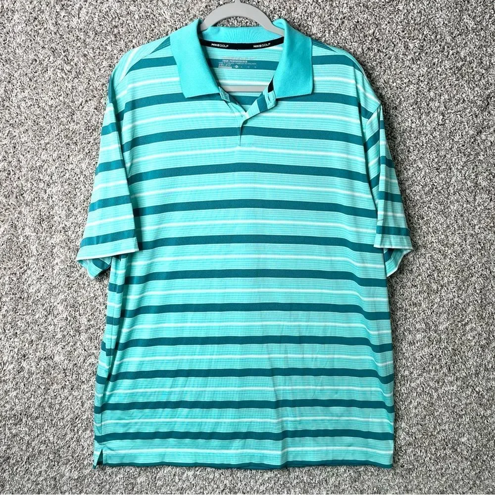 Nike Polo Shirt Men’s XL Golf Dri-Fit Tour Performance Teal Striped Short Sleeve
